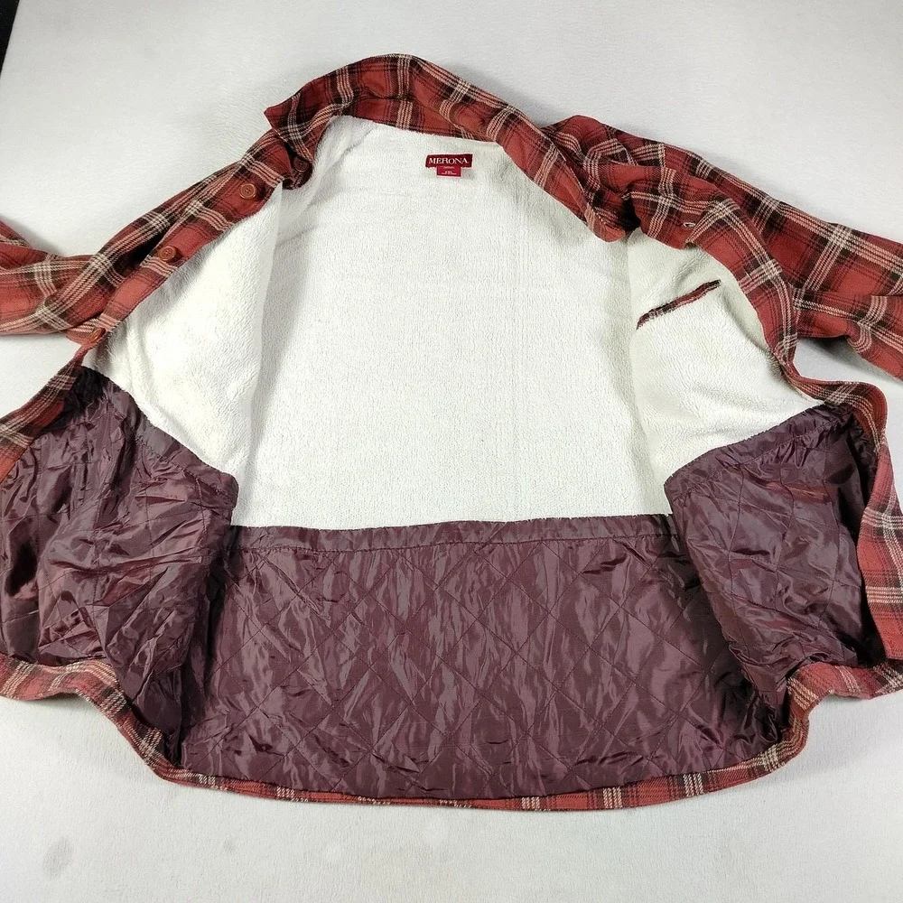 Merona Shacket Mens 2XL Red Plaid Flannel Sherpa Lined Cabincore Lumberjack